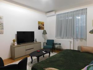 a living room with a flat screen tv on a cabinet at Cetinjska apartment in Belgrade