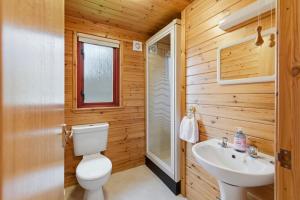 a bathroom with a toilet and a sink at Braeknowe Scottish Cabin Getaway in Dunkeld +20 photos
