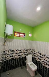 a bathroom with a toilet and a green wall at Peace Forest Retreat in Gopeshwar