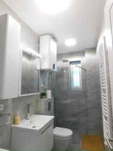 a white bathroom with a toilet and a sink at Cetinjska apartment in Belgrade +16 photos