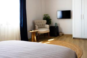 ein Schlafzimmer mit Bett, Stuhl und Fernseher in der Unterkunft KE Urla in Urla