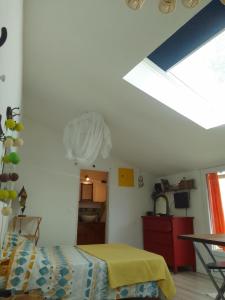 a bedroom with a bed and a skylight at studio dans les arbres in Saint-Paulet-de-Caisson +3 photos