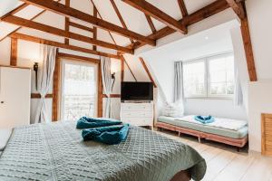 a bedroom with a bed and a tv and windows at HarzZeitRaum in Thale