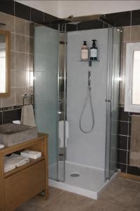 a shower with a glass door in a bathroom at Villa MYRTILLE classée 4 étoiles meublé de tourisme - Vue montagne, terrasse, jardin, 8 pers in Murat-le-Quaire +11 photos