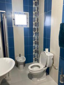 a blue and white bathroom with a toilet and a sink at Dar Tozeur in El Oudiane-Degache