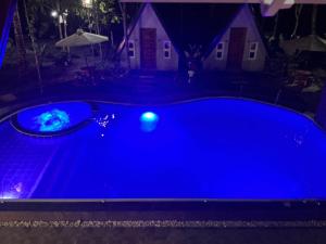 a large blue swimming pool at night at The Siblings Farm House in Liliw