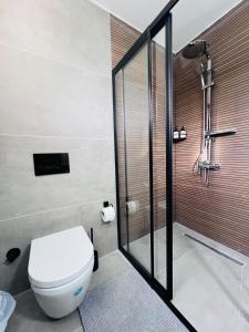 a bathroom with a toilet and a shower at Villa Lapethos in Kyrenia +7 photos