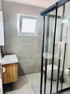 a bathroom with a toilet and a sink and a window at Villa Lapethos in Kyrenia