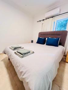 a bedroom with a large bed with blue pillows at Villa Lapethos in Kyrenia