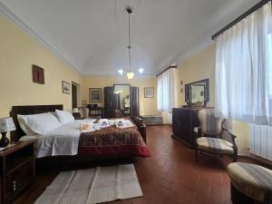 a bedroom with a bed and a desk and a chair at Il Terrazzino di Rosi, vivere in case nel borgo in Castiglione della Pescaia