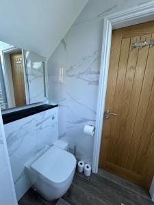 a white bathroom with a toilet and a wooden door at Marie House in Bowness-on-Windermere