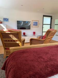 a living room with two chairs and a television at Cedar Lodge in Torpoint