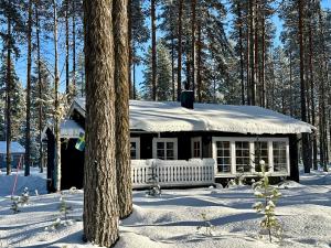 a small house in the snow in the woods at Sunshine Stuga Mörtsjön in Stugun