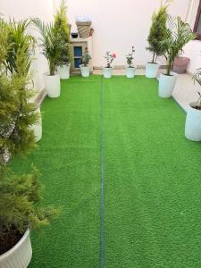 a garden with green grass and potted plants at Your Cozy Escape in Jammu