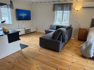 a living room with a couch and a bed at Nedanby | Cottage | Idyllic location | Porch | Grill in Edsbro