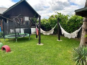 a house with a hammock and a swing at Agroturystyka Ranczo Turzyniec w pobliżu Zwierzyńca in Turzyniec