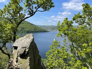 a view of a lake through the trees at Hilla's Traumhaus in der Eifel in Schleiden +20 photos