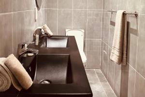 a bathroom with a black sink and a toilet at Wild Haven Lodge in Victoria Falls +10 photos