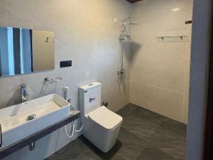 ein Badezimmer mit weißer Toilette und Waschbecken in der Unterkunft Star Gate in Nuwara Eliya