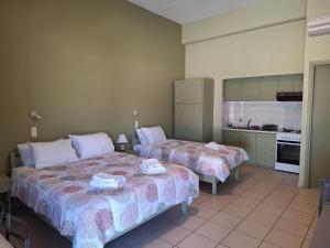 a bedroom with two beds and a kitchen at Myrto in Tyros