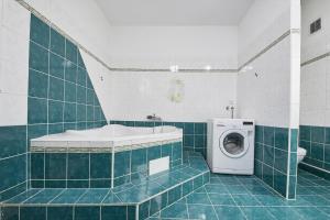 a blue tiled bathroom with a washing machine in it at Danubia Apartment Gabčíkovo in Gabčíkovo