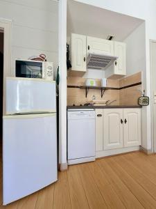 a kitchen with white appliances and a white refrigerator at Le Nid Ossalois in Eaux-Bonnes