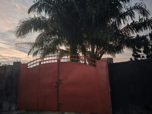 a palm tree behind a red gate with a fence at Mathildah's Appartements in Libreville