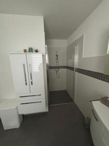 a bathroom with a shower and a white cabinet at Entspannung am Wald in Wald-Michelbach