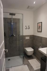 a bathroom with a toilet and a glass shower at Ludwig9 in Bayreuth +22 photos