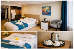 two pictures of a hotel room with two beds at Ochir Hotel in Ulaanbaatar