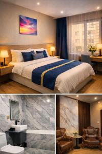 a bedroom with a king sized bed and a room with a tv at Ochir Hotel in Ulaanbaatar