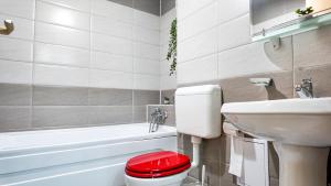 a bathroom with a red toilet and a sink at Mirror Loft - Coresi District in Braşov +9 photos