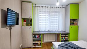 a bedroom with green walls and a window and a tv at Mirror Loft - Coresi District in Braşov