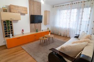 a living room with a couch and a table at Mirror Loft - Coresi District in Braşov