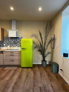 a yellow refrigerator in a kitchen with a plant at Cercy in Cercy-la-Tour