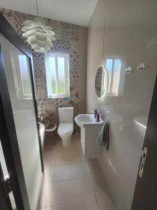 a bathroom with a toilet and a sink and a shower at Ta'Roza Modern Apartment with Balcony & Distant Sea Views - Xaghra Gozo in Xagħra