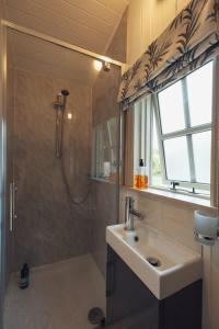 a bathroom with a sink and a shower and a mirror at Shepherd's Hut - Jasmine in Haverfordwest +16 photos