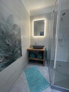 a bathroom with a sink and a mirror at Central Comfort Studio Walkup in Slezská Ostrava