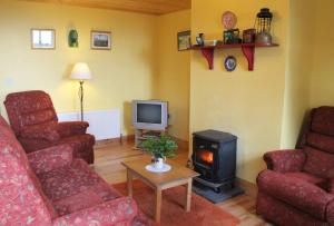 a living room with two couches and a stove at Feirm Cottage in Kenmare