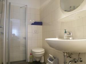 a bathroom with a sink and a toilet and a shower at Haus Gertrud in Carolinensiel +23 photos
