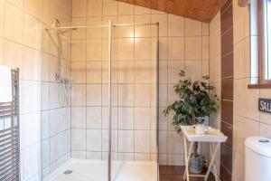 a bathroom with a shower and a bath tub at Beveren Lodge - Still Rabbit - Hot Tub - Yorkshire in Selby