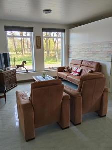 a living room with a couch and a dog looking out the window at Vakantiehuis Mastdreef in Breda