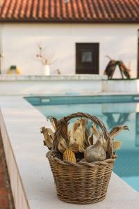 a basket of vegetables sitting next to a pool at Casa dos Avós in Parceiros da Igreja