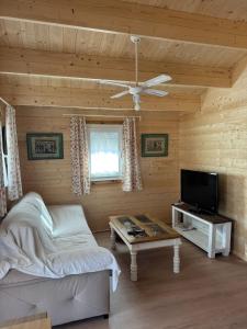 a living room with a ceiling fan and a tv at El Palmito Rural Home in Jerez de la Frontera