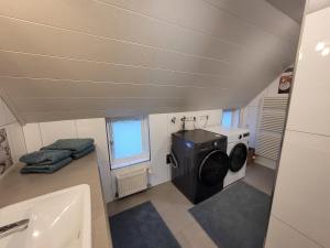 a small bathroom with a washing machine and a sink at Ferienhaus Heilhecker in Brake +28 photos