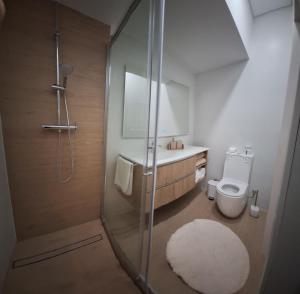 a bathroom with a shower and a toilet and a sink at Garden House 2 in São Vicente Ferreira +15 photos