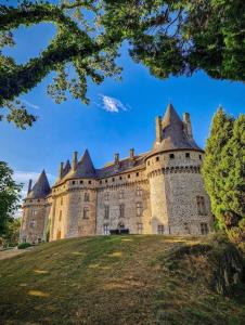 a castle on a hill with a blue sky at La Maison d'Amélie à Arnac-Pompadour in Arnac-Pompadour