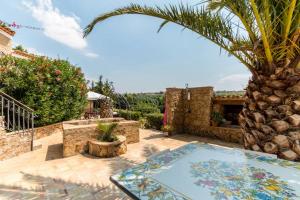 an outdoor patio with a palm tree and a swimming pool at VILLA NISCEMI vicino Piazza Armerina e Caltagirone in Niscemi