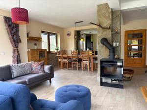 a living room with a couch and a tv and a fireplace at Mirabelka Mucharz in Mucharz