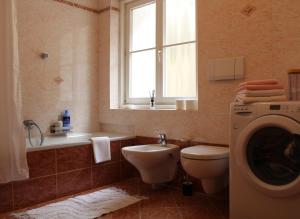 a bathroom with a toilet and a sink and a washing machine at Panorama Latemar in Nova Levante +9 photos